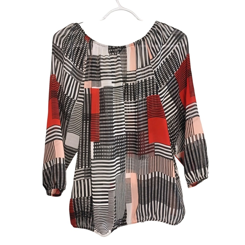 Daisy Fuentes 3/4 Sleeve Pullover Sheer Blouse Red ColorBlock Pattern Womens L - Picture 3 of 7
